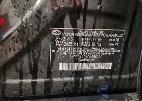 2013 Hyundai Sonata Se z USA, uszkodzony, nr VIN 5NPEC4ACXDH686280